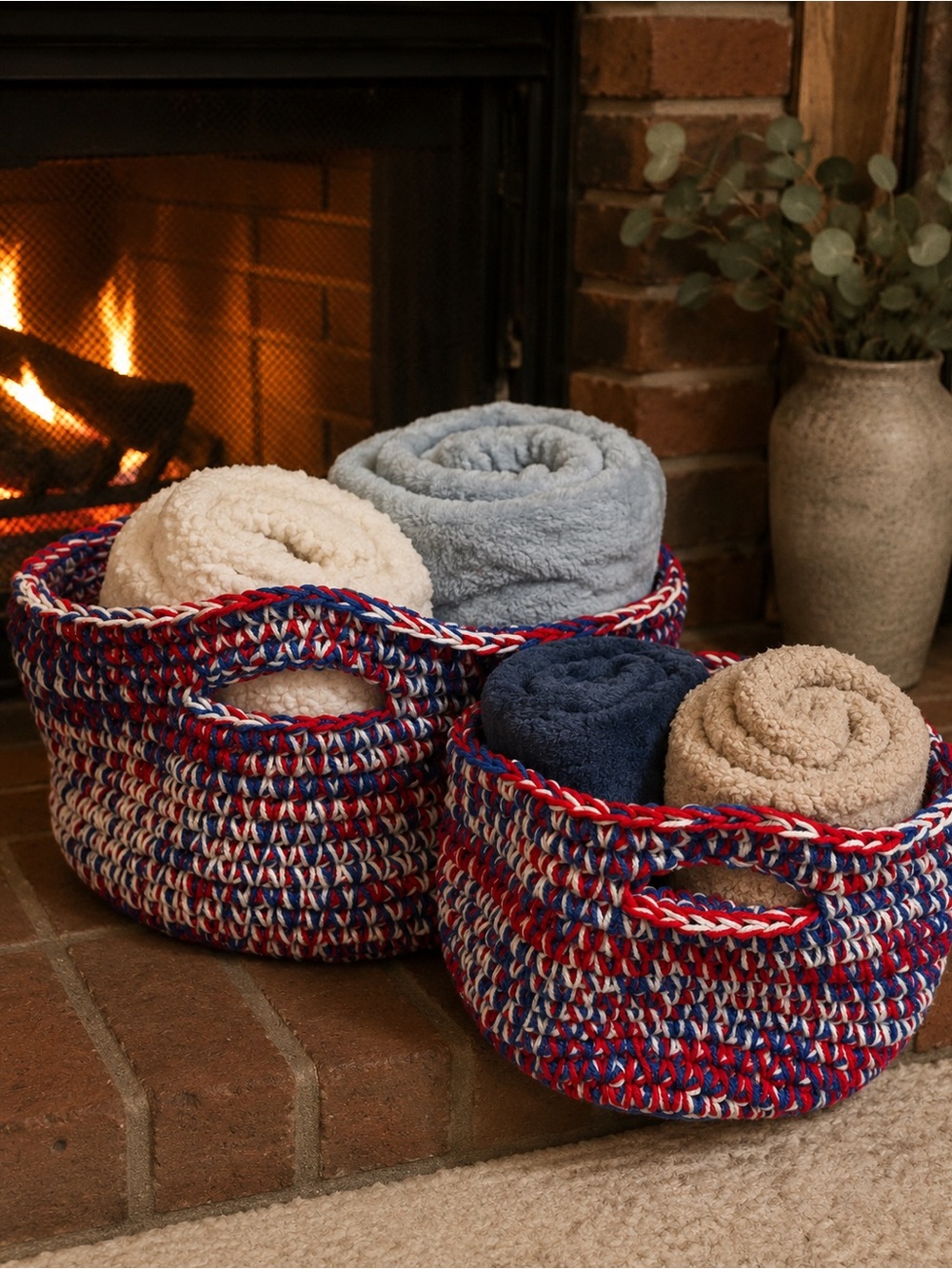 Hand Crafted Red, White & Blue Crochet Storage Baskets - Set of 2